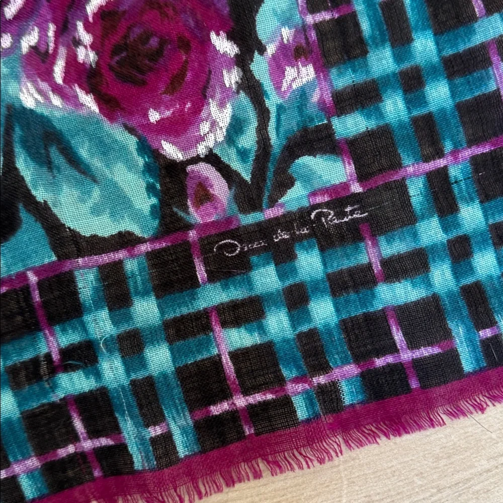 Vintage Oscar De La Renta wool floral plaid print scarf - Picture 2 of 4
